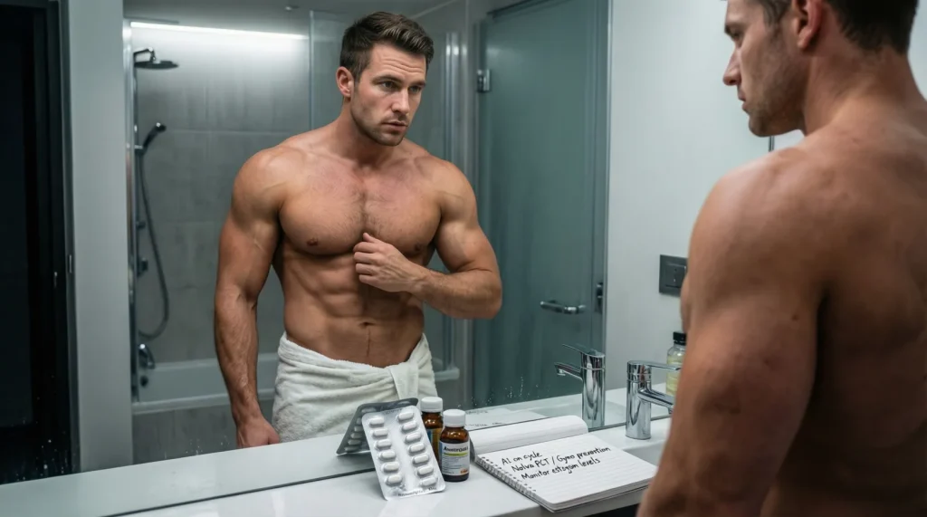 Ein definierter Bodybuilder beurteilt sich präventiv im Badezimmerspiegel. Im Vordergrund liegen eine Tamoxifen- (Nolvadex) Blisterpackung und ein Aromatasehemmer als Werkzeuge zur Gynäkomastie-Prävention