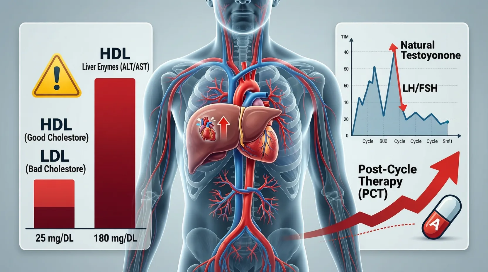 Eine wissenschaftliche Infografik zu Anavar-Nebenwirkungen: Zeigt ein typisches Blutbild mit stark gesenktem HDL und erhöhtem LDL-Cholesterin sowie die Unterdrückung des natürlichen Testosterons und der LH/FSH-Werte