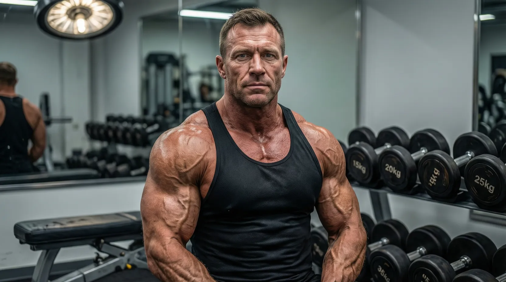 Ein muskulöser Bodybuilder mit sichtbarer Gynäkomastie (vergrößerte Brustdrüse) betrachtet sich besorgt im Badezimmerspiegel. In der Hand hält er Aromatasehemmer und SERMs (Tamoxifen) zur Behandlung.