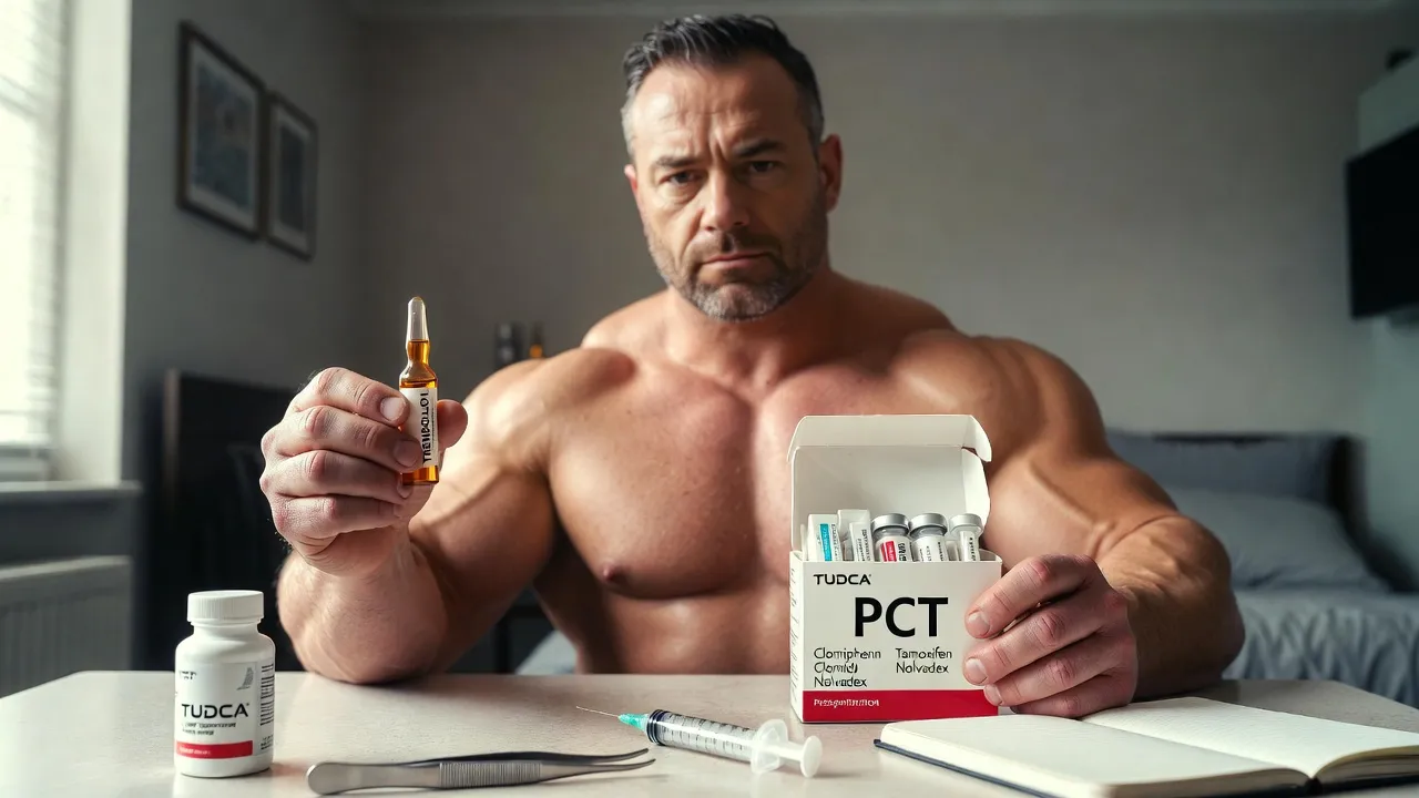 Ein Bodybuilder nach einem Trenbolon-Zyklus hält eine leere Ampulle und eine Packung mit PCT-Medikamenten (Clomifen, Tamoxifen) gegenüber. Visualisiert den wissenschaftlich fundierten Übergang in die Erholungsphase mit Tagebuch und Unterstützungspräparaten