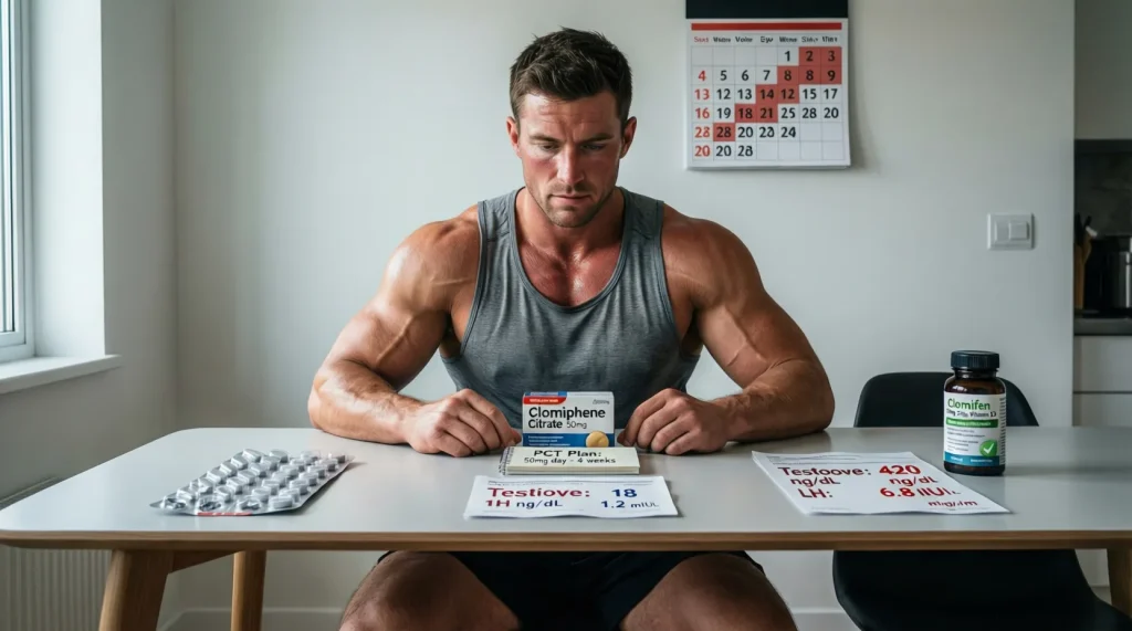 Bodybuilder zu Hause plant seine PCT mit Clomifen: Auf dem Tisch liegen ein leerer Steroid-Blister, ein Clomid-Pack, ein PCT-Plan und Blutbefunde vor und nach der Therapie