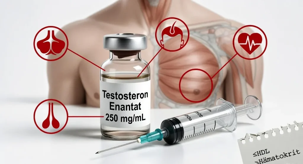 Medizinisch realistische Darstellung der häufigsten Nebenwirkungen von Testosteron Enantat: Gynäkomastie, Haarausfall, Hodenatrophie, Blutwertveränderungen bei HDL und Hämatokrit.
