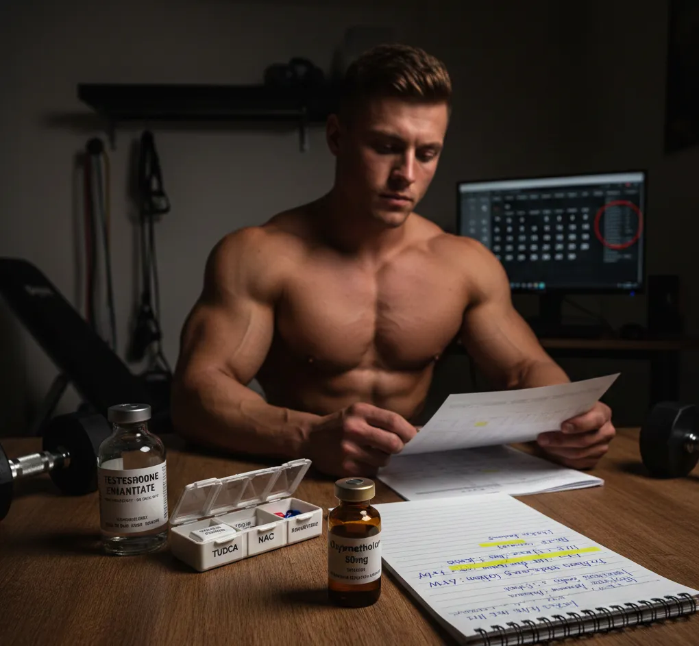 Ampulle oder Flasche Testosteron Enantat, ein langwirksames Steroid zur Förderung des Muskelwachstums und zur Steigerung der Kraft bei Sportlern.
