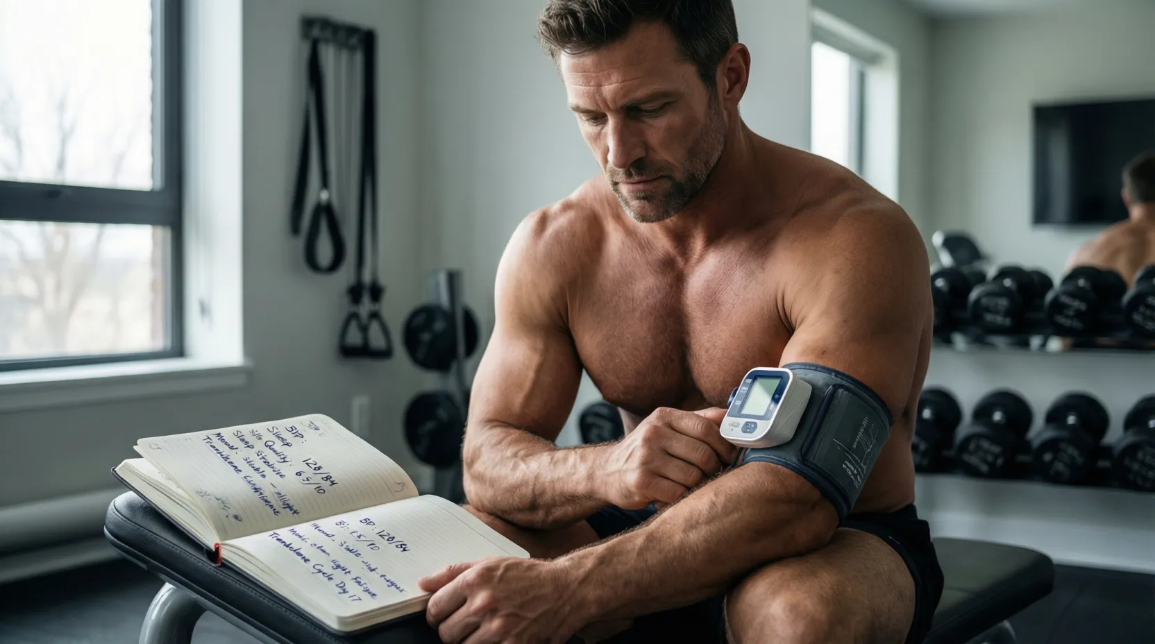 Ein umfassender, überkopf aufgenommener Leitfaden: Ein Bodybuilder bereitet eine Trenbolon-Injektion vor, umgeben von Acetat/Enanthat-Fläschchen, einem digitalen Dosierplan, PCT-Medikamenten (Clomid) und Leberunterstützung (TUDCA)
