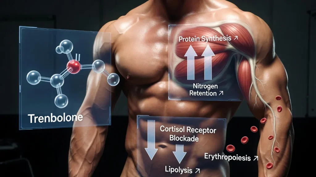 Eine wissenschaftliche Visualisierung der Trenbolon-Wirkung: Holografische Diagramme zeigen auf einem definierten Bodybuilder-Körper, wie das Steroid die Proteinsynthese steigert, Cortisol blockiert und die Erythropoese ankurbelt