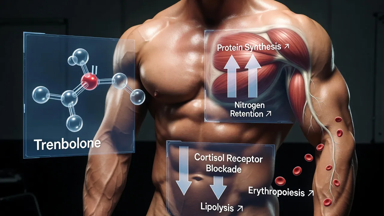 Eine wissenschaftliche Visualisierung der Trenbolon-Wirkung: Holografische Diagramme zeigen auf einem definierten Bodybuilder-Körper, wie das Steroid die Proteinsynthese steigert, Cortisol blockiert und die Erythropoese ankurbelt