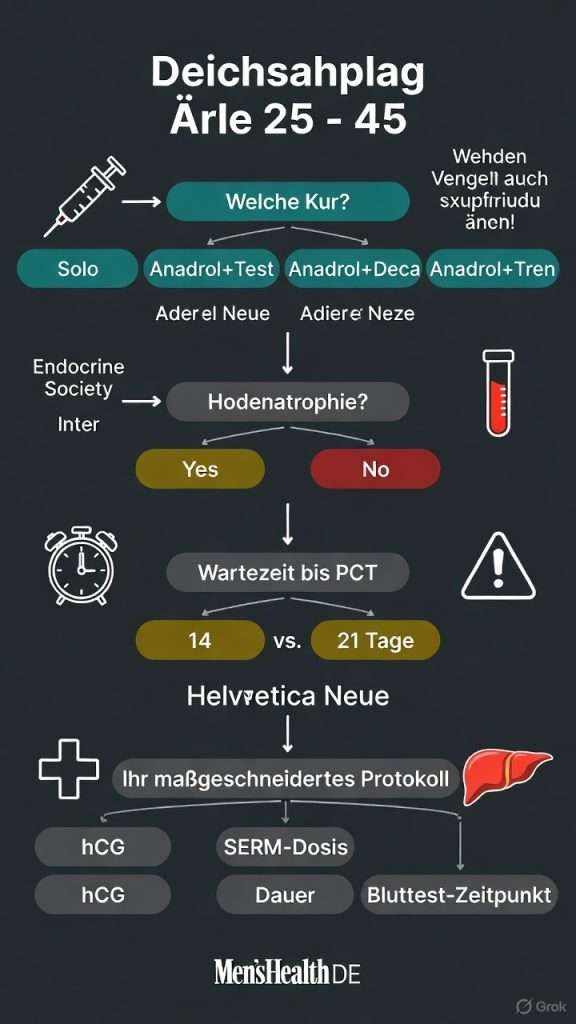 Entscheidungsbaum-Infografik zur Nachzyklus-Therapie nach Anadrol: Hilft dem Nutzer, basierend auf Kur-Typ (Solo, +Testosteron, +Deca, +Tren), Vorliegen von Hodenatrophie und Alter das passende PCT-Protokoll auszuwählen – inklusive hCG-Vorbehandlung, SERM-Dosierung (Clomid/Nolvadex), Wartezeit (14/21 Tage) und empfohlenen Bluttest-Zeitpunkten zur Erfolgskontrolle