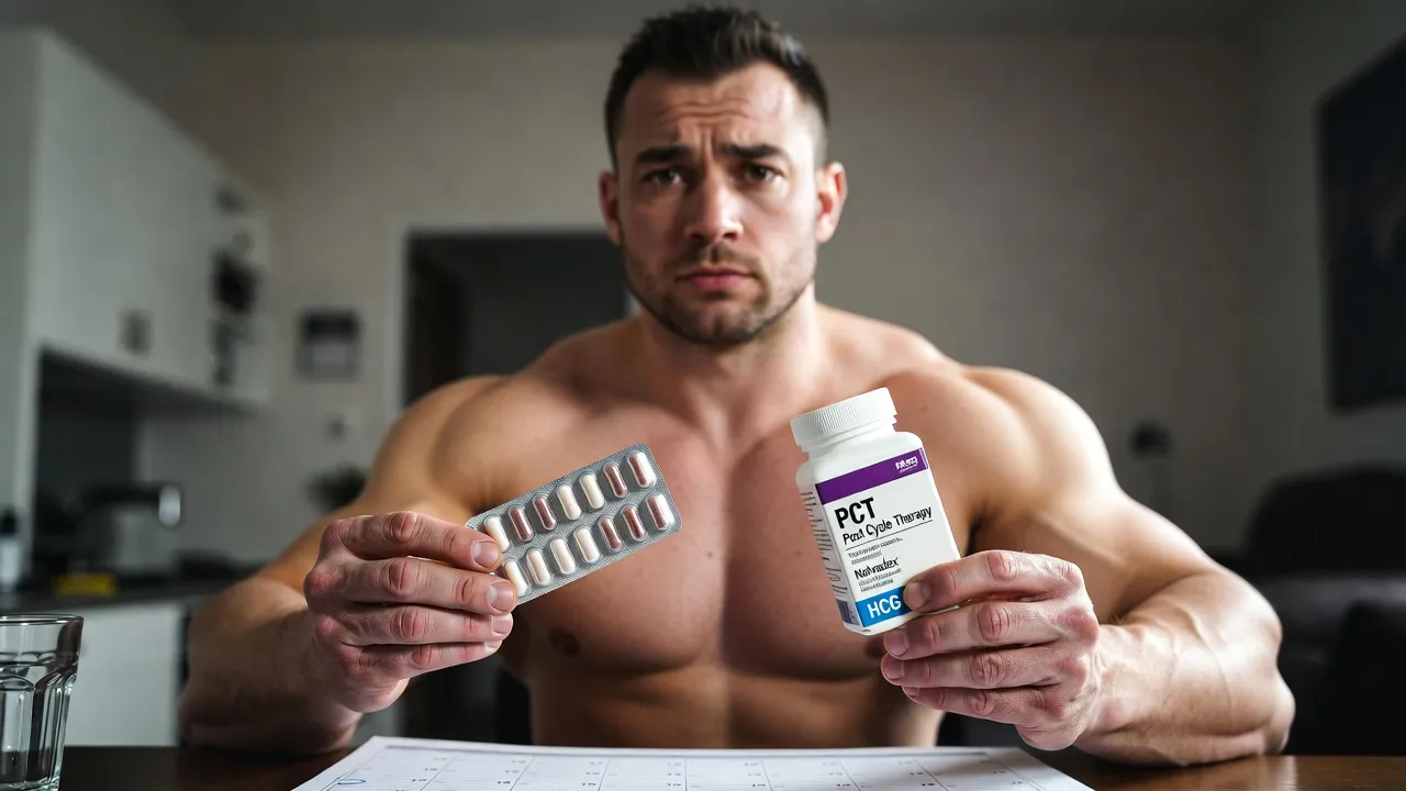 Ein realistischer Bodybuilder in der PCT-Phase hält entschlossen Turinabol-Tabletten und eine Box mit PCT-Medikamenten wie Clomid gegenüber. Visualisiert die verantwortungsvolle Wiederherstellung der Testosteronproduktion nach einer Steroidkur