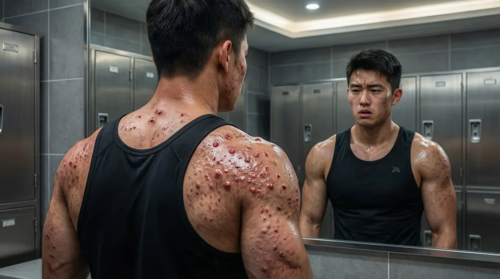 Ein filmisches 16:9-Bild eines muskulösen Bodybuilders mit starker roter Akne auf Rücken und Schultern, der besorgt in den Spiegel eines Umkleideraums im Fitnessstudio blickt und damit eine häufige Nebenwirkung von Steroiden veranschaulicht.