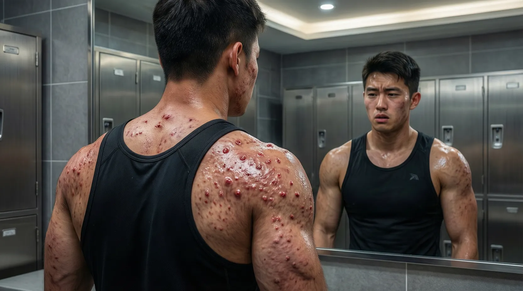 Ein filmisches 16:9-Bild eines muskulösen Bodybuilders mit starker roter Akne auf Rücken und Schultern, der besorgt in den Spiegel eines Umkleideraums im Fitnessstudio blickt und damit eine häufige Nebenwirkung von Steroiden veranschaulicht.