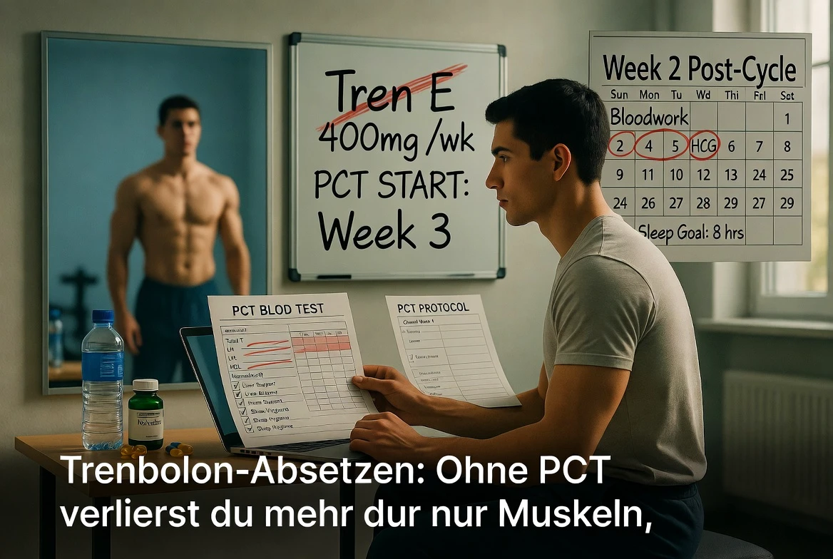 Erholung nach dem Zyklus nach Trenbolon Enanthate: Ein disziplinierter männlicher Athlet überprüft während der zweiten Woche der Erholungsphase seine Blutwerte und ein PCT-Protokoll, was für einen verantwortungsvollen Hormonausgleich, die Überwachung von Leber und Nieren sowie mentale Belastbarkeit steht – ohne Nadeln oder Drogenbilder.