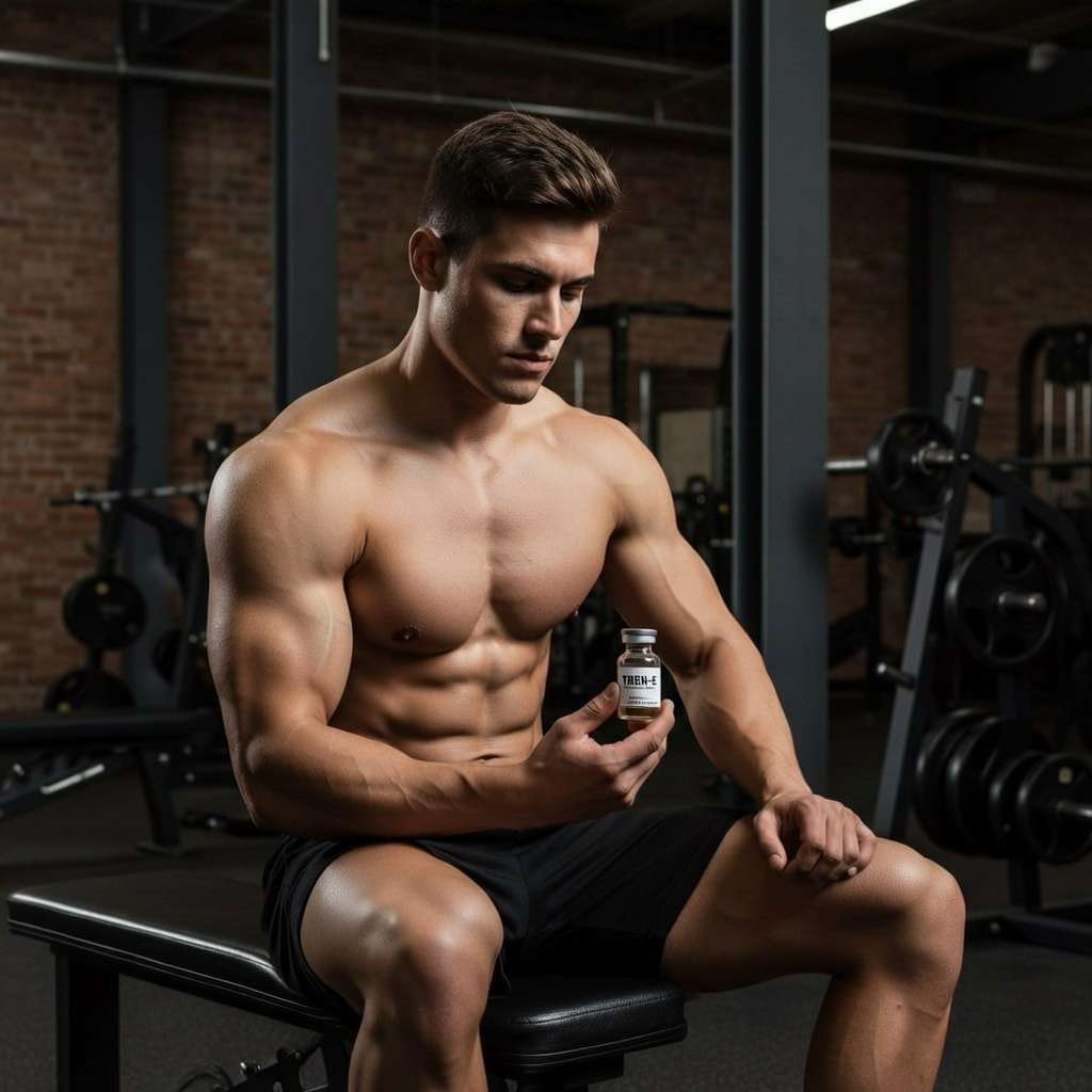 A young muscular bodybuilder holding a TREN-E vial in an industrial gym, contemplating a Trenbolone Enanthate cycle.