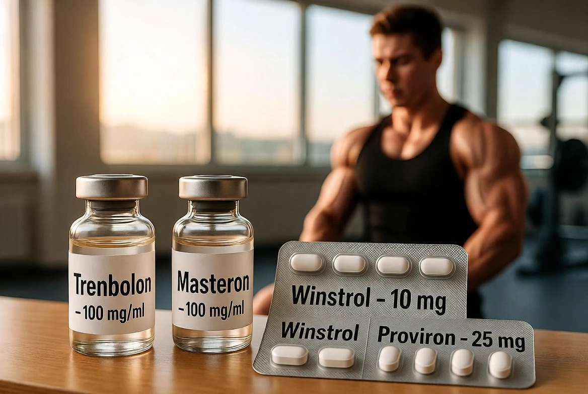Holz-Fitnessbank mit Fläschchen mit den Aufschriften „Trenbolon“ und „Masteron“ sowie Blisterpackungen mit „Winstrol“ und „Proviron“ – vier anabole Verbindungen, die dafür bekannt sind, Wassereinlagerungen zu reduzieren und die Durchblutung bei schlanken, trainierten Sportlern zu verbessern.