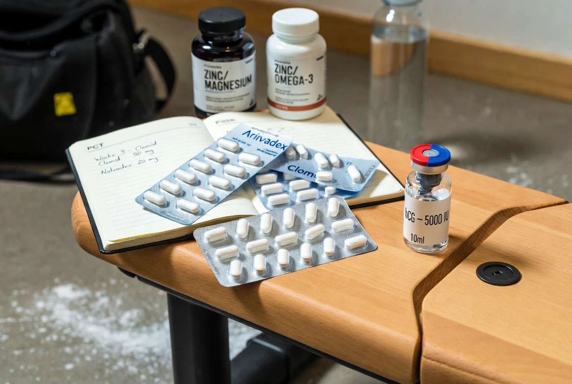 PCT-Medikamente, die nach einem Boldenon-Zyklus auf einer Fitnessbank ausgelegt sind: Blisterpackungen mit Clomid, Nolvadex und Arimidex neben einer 10-ml-Ampulle mit hCG – stellvertretend für ein strukturiertes, evidenzbasiertes Protokoll zur Erholung nach dem Zyklus.