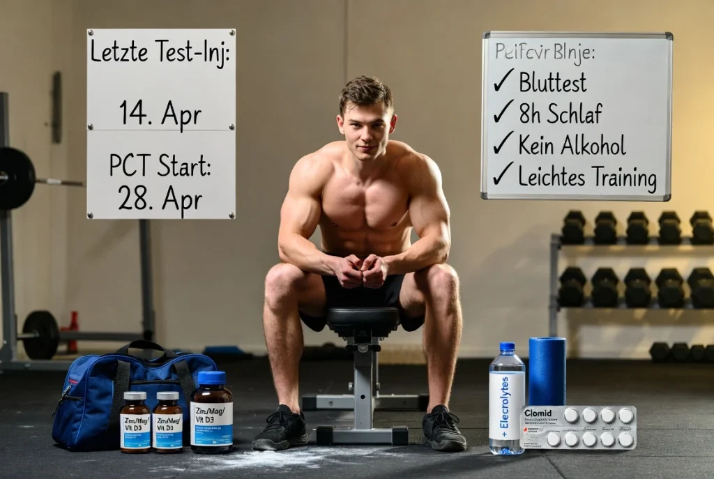 Männlicher Kraftsportler in einem Fitnessstudio, der in der dritten Woche seiner Erholungsphase nach einem Testosteronzyklus sein PCT-Tagebuch und seine Bluttestergebnisse durchsieht, wobei Clomid, Nolvadex und unterstützende Nahrungsergänzungsmittel zu sehen sind – ein Beispiel für eine disziplinierte, datengestützte Erholung nach dem Zyklus ohne Nadeln oder medizinische Hilfsmittel.