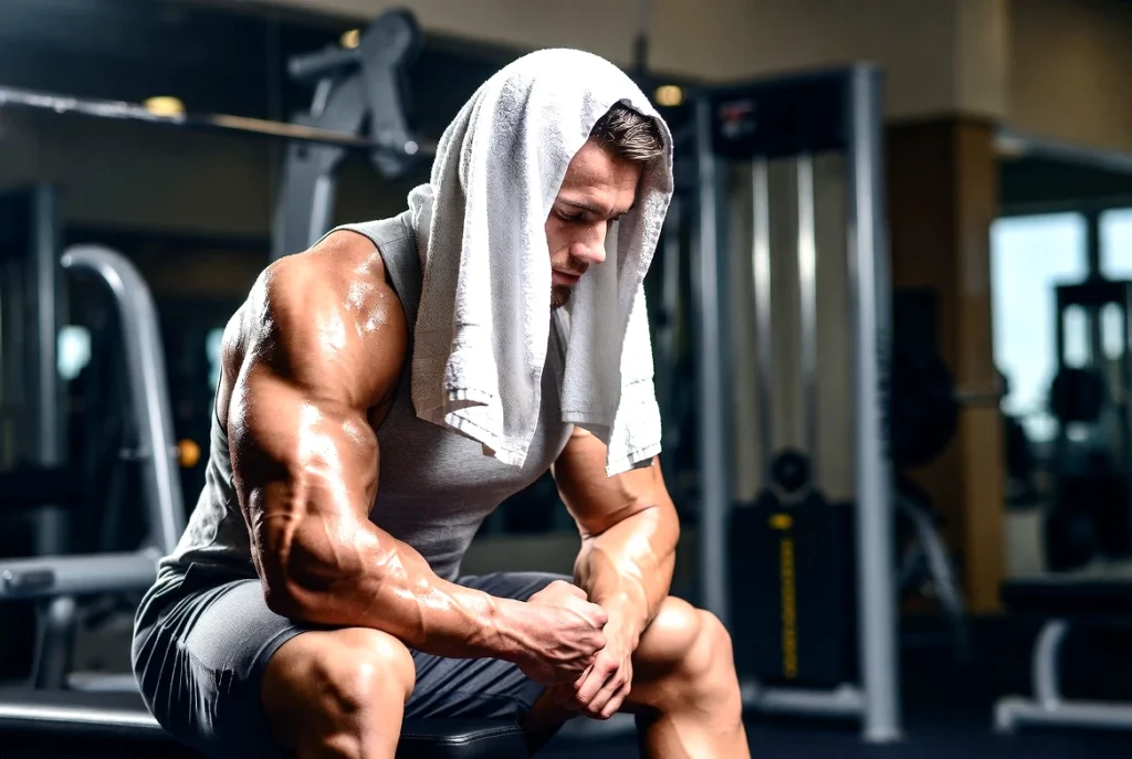 Männlicher Kraftsportler zu Hause hinter seinem PC, sitzend auf seinem Stuhl, während er das PCT-Tagebuch und die Bluttestergebnisse in Woche 4 der Erholungsphase nach einem Testosteron-Enanthate-Zyklus durchgeht, mit Clomid, Nolvadex und unterstützenden Nahrungsergänzungsmitteln im Blickfeld – ein Beispiel für disziplinierte, datengestützte Erholung nach dem Zyklus.