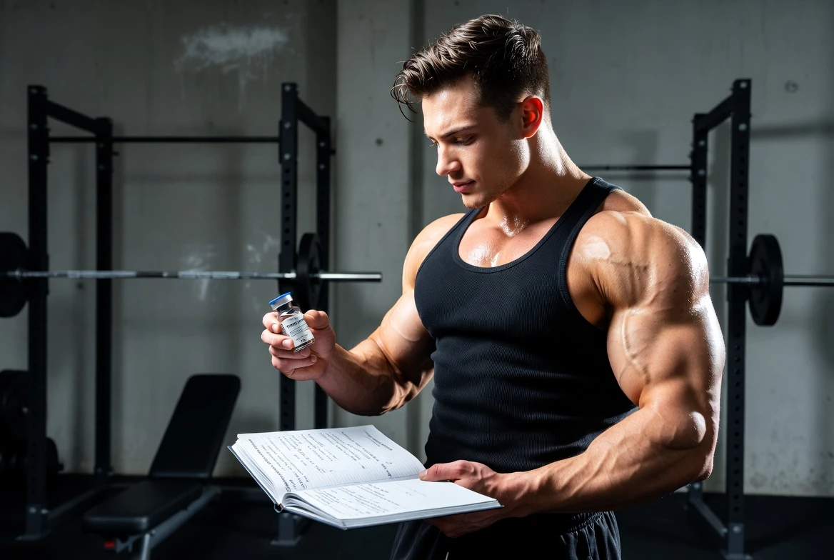 Erfahrener Bodybuilder in einem Fitnessstudio, der eine 10-ml-Ampulle Trenbolonacetat in der Hand hält und sein Trainingstagebuch während Woche 4 eines Zyklus durchgeht – dabei zeigt er Disziplin, verfolgt die Dosierung und ist sich der Nebenwirkungen wie Schlafverlust und erhöhter Blutdruck bewusst.