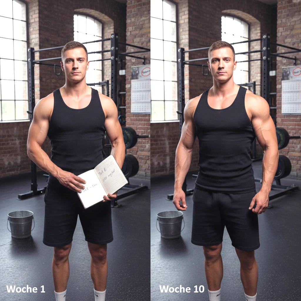 257 Vergleich zweier Bilder eines männlichen Kraftsportlers in Woche 1 und Woche 10 eines Testosteron-Enanthat-Zyklus von 500 mg/Woche: gesteigerte Muskelfülle, verbesserte Vaskularität, höhere Energie und leichte Wassereinlagerungen – die realistische Veränderungen während des Zyklus ohne Übertreibung widerspiegeln