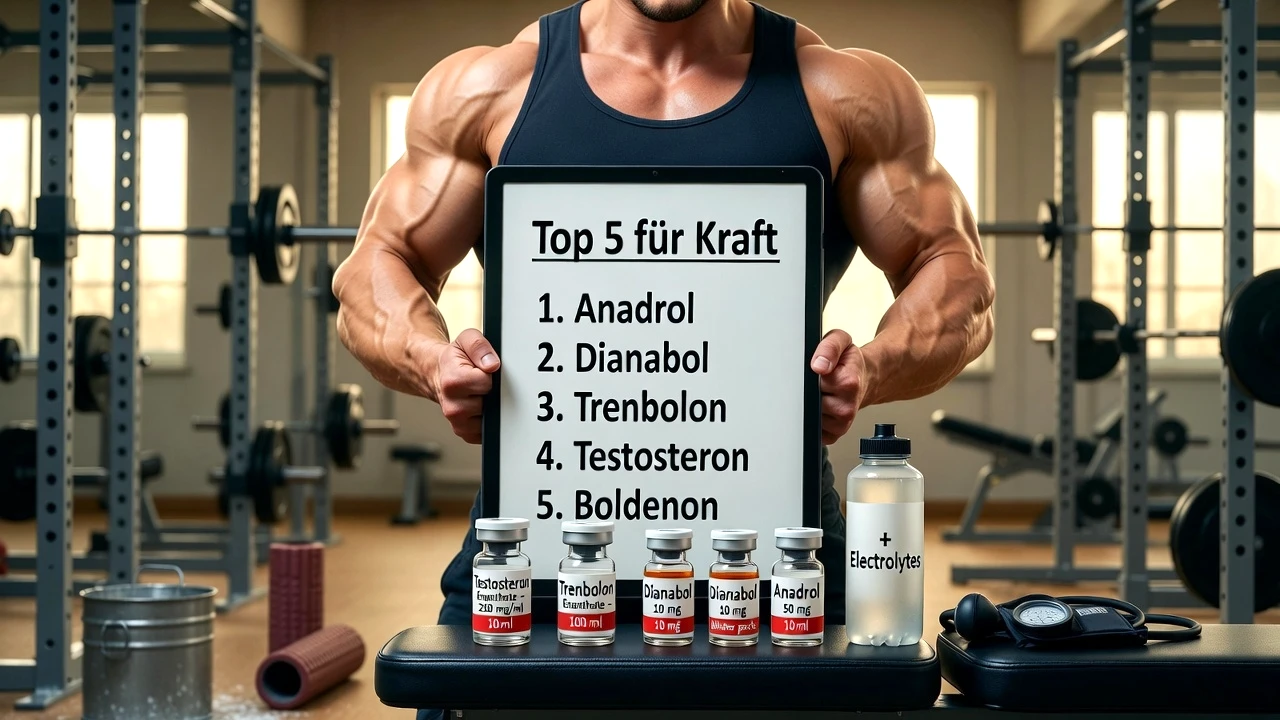 Schlanker, muskulöser Bodybuilder in einem Fitnessstudio, der eine Liste der fünf besten Anabolika für Krafttraining durchgeht – Anadrol, Dianabol, Trenbolon, Testosteron und Boldenon –, wobei die entsprechenden Ampullen und Blisterpackungen auf der Bank zu sehen sind, was eine fundierte Zyklusplanung veranschaulicht.