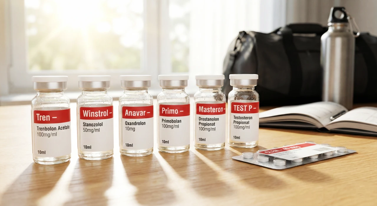 Sechs Ampullen im pharmazeutischen Stil mit den Aufschriften Tren, Winstrol, Anavar, Primo, Masteron und TEST P sowie eine Blisterpackung mit CLEN 40 mcg, angeordnet auf einem Holztisch im natürlichen Licht – sie repräsentieren die am häufigsten verwendeten Substanzen zur Fettverbrennung und Muskeldefinition in Leistungssportkreisen.