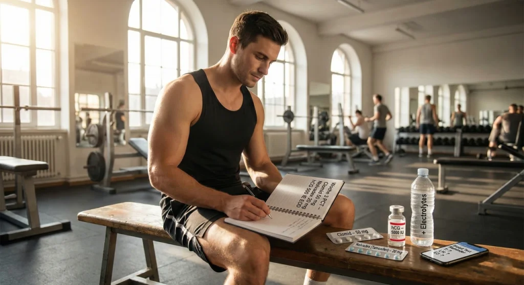 Männlicher Bodybuilder in einem Fitnessstudio, der ein PCT-Tagebuch mit Blisterpackungen von Clomid und Nolvadex und einer Ampulle hCG auf der Bank durchblättert – zur Veranschaulichung einer strukturierten Post-Cycle-Therapie nach einem Deca-Durabolin-Zyklus.