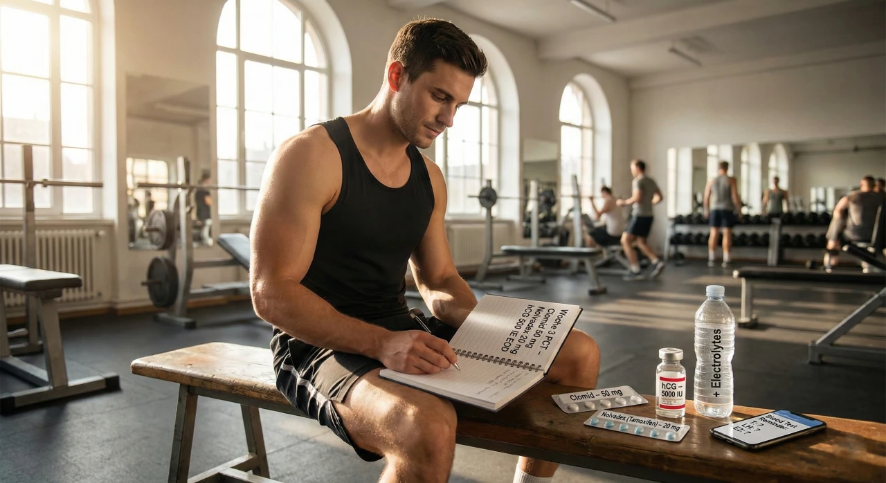 Männlicher Bodybuilder in einem Fitnessstudio, der ein PCT-Tagebuch mit Blisterpackungen von Clomid und Nolvadex und einer Ampulle hCG auf der Bank durchblättert – zur Veranschaulichung einer strukturierten Post-Cycle-Therapie nach einem Deca-Durabolin-Zyklus.