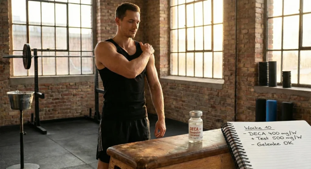 Muskulöser männlicher Bodybuilder in einem Fitnessstudio neben einem pharmazeutisch anmutenden Fläschchen mit der Aufschrift „DECA – Nandrolon Decanoat“, das die Verwendung von Deca Durabolin für stetiges Muskelwachstum und Gelenkunterstützung während eines 12- bis 16-wöchigen Zyklus veranschaulicht.