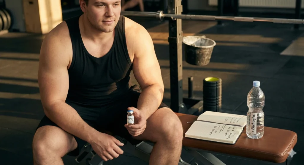 Muskulöser männlicher Bodybuilder in einem Fitnessstudio, der eine pharmazeutische Ampulle mit der Aufschrift „Dianabol – 10 mg“ in der Hand hält und in der vierten Woche eines Bulking-Zyklus mit Testosteron erste Anzeichen von Massenzunahme und Wassereinlagerungen zeigt.