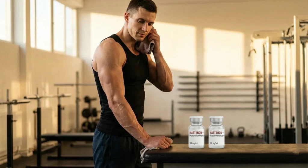 Schlanker, muskulöser männlicher Athlet in einem Fitnessstudio, der neben einer pharmazeutischen Ampulle mit der Aufschrift „Masteron – Drostanolon Propionat“ steht und den trockenen, harten, wasserfreien Körperbau veranschaulicht, der mit der Verwendung von Masteron während der Definitionsphase verbunden ist.