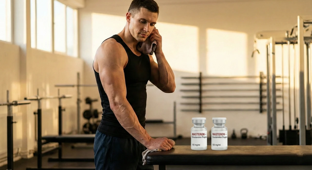 Schlanker, muskulöser männlicher Athlet in einem Fitnessstudio, der neben einer pharmazeutischen Ampulle mit der Aufschrift „Masteron – Drostanolon Propionat“ steht und den trockenen, harten, wasserfreien Körperbau veranschaulicht, der mit der Verwendung von Masteron während der Definitionsphase verbunden ist.