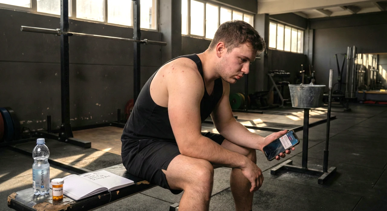 Männlicher Bodybuilder in einem Fitnessstudio, der leichte Nebenwirkungen von Deca Durabolin zeigt: leichte Wassereinlagerungen, leichte Akne an den Schultern und Müdigkeit – während er einen Bluttest mit niedrigem HDL-Wert und erhöhtem Prolaktinspiegel überprüft, wobei Cabergolin und sein Trainingstagebuch zu sehen sind.
