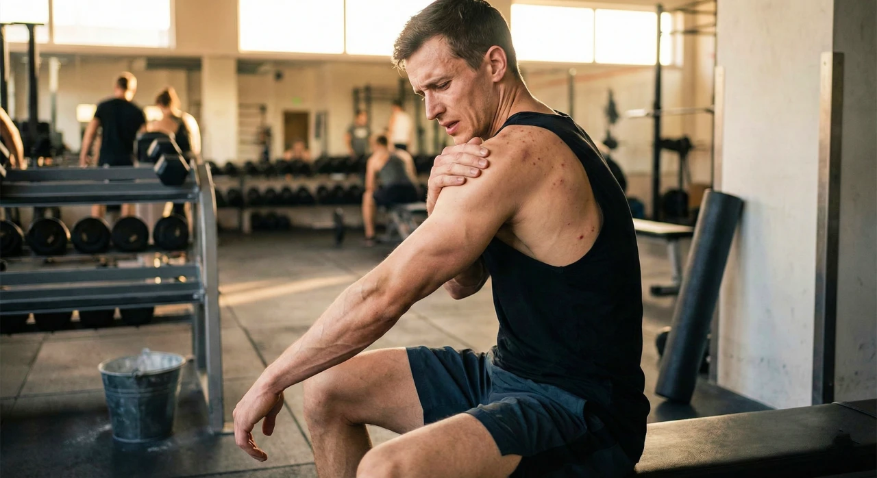 Ein schlanker, muskulöser männlicher Bodybuilder im Fitnessstudio zeigt leichte Akne an den Schultern und leichte Gelenkbeschwerden bei Schulterrotation – ein Beispiel für häufige Winstrol-Nebenwirkungen wie trockene Gelenke, Hautreizungen und Müdigkeit trotz extremer Muskelhärte und niedrigem Körperfettanteil.