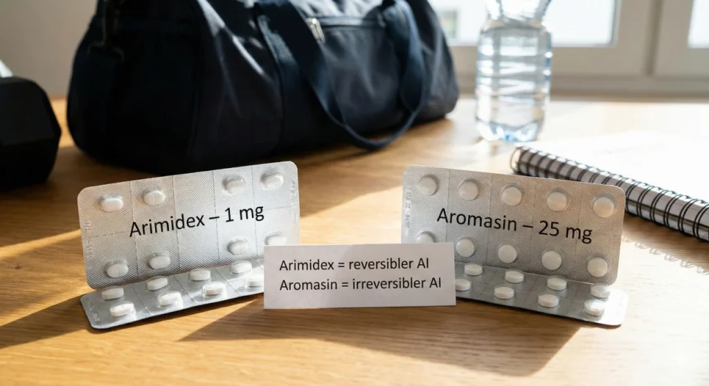 Männlicher Kraftsportler in einem Fitnessstudio, der einen handschriftlichen Testosteron-Zyklusplan überprüft, der Dosierung (500 mg/Woche), Dauer (12 Wochen), Bluttests und PCT mit Clomid enthält – ein Beispiel für einen verantwortungsbewussten, anfängerfreundlichen Ansatz für die erstmalige Verwendung von Steroiden.