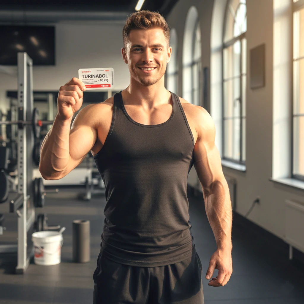 Ein schlanker, gutaussehender europäischer Bodybuilder lächelt in einem Fitnessstudio und hält eine Blisterpackung Turinabol 10 mg in der Hand – ein Beweis für die trockenen, wasserfreien Muskelzuwächse und die verbesserte Vaskularität, die typisch für die orale Einnahme von Turinabol sind.