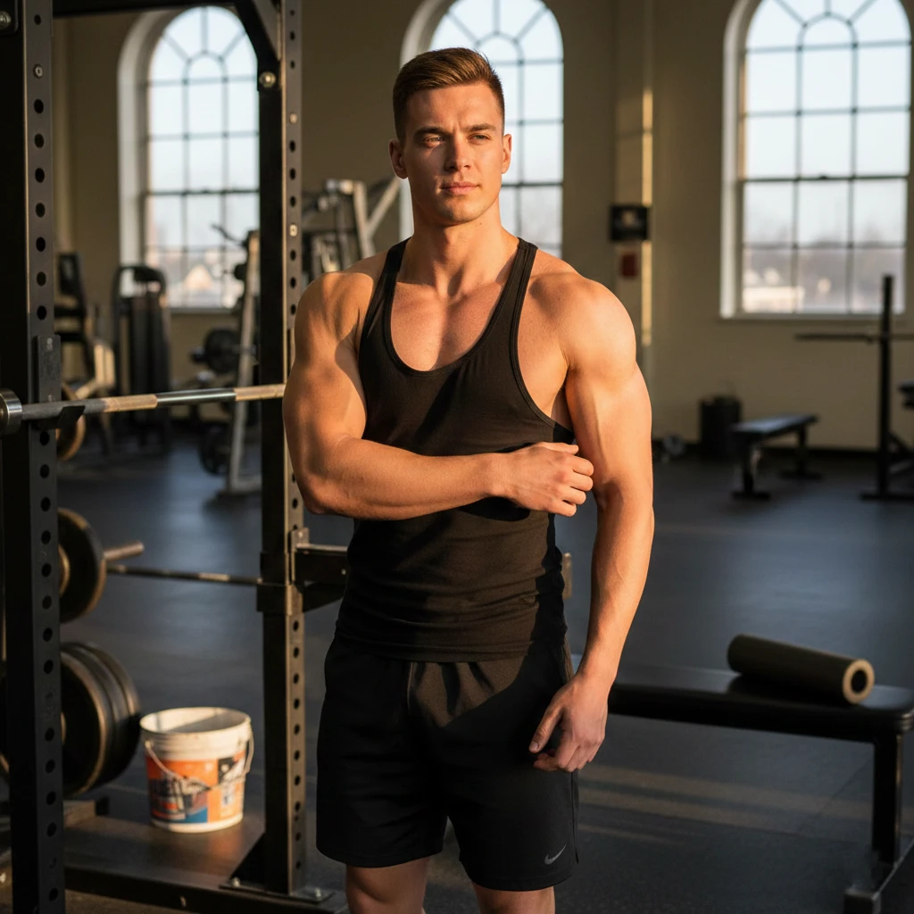 Ein schlanker, männlicher Bodybuilder im Fitnessstudio zeigt leichte Akne an den Schultern und leichte Gelenkbeschwerden bei Schulterrotation – ein Beispiel für häufige Turinabol-Nebenwirkungen wie das Risiko einer Lebertoxizität, trockene Gelenke und androgene Hautreaktionen trotz eines trockenen, vaskulären Körpers.