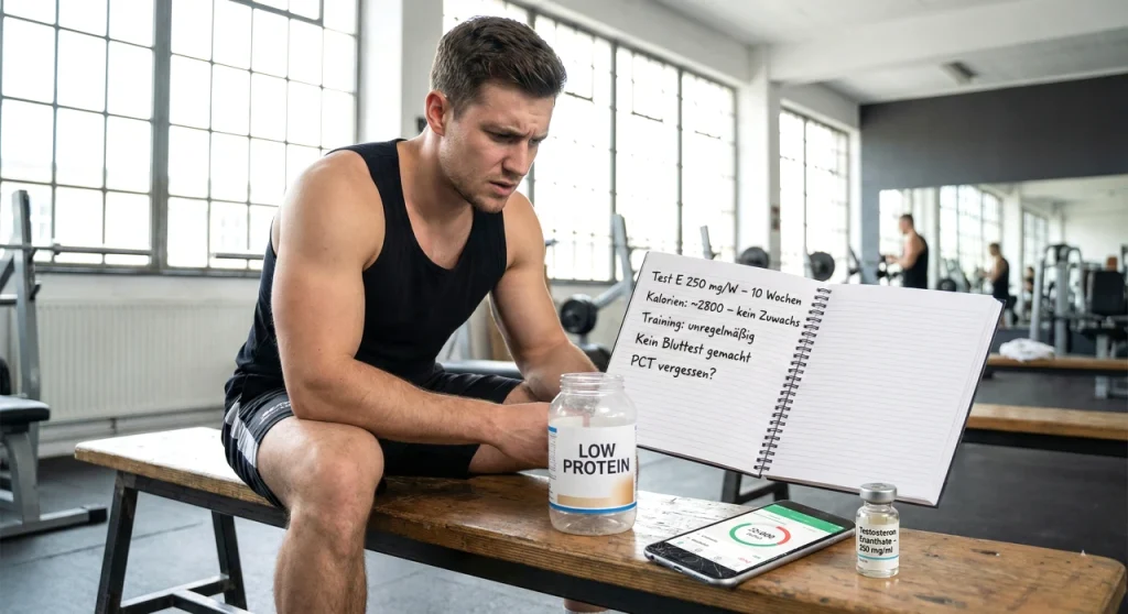Ein männlicher Kraftsportler in einem Fitnessstudio schaut sich sein Zyklusprotokoll an, das eine niedrige Testosteron-Dosierung, unregelmäßiges Training, unzureichende Ernährung und das Fehlen von Blutwerten zeigt – dies veranschaulicht häufige Gründe, warum anabole Steroide möglicherweise nicht die erwarteten Ergebnisse liefern.