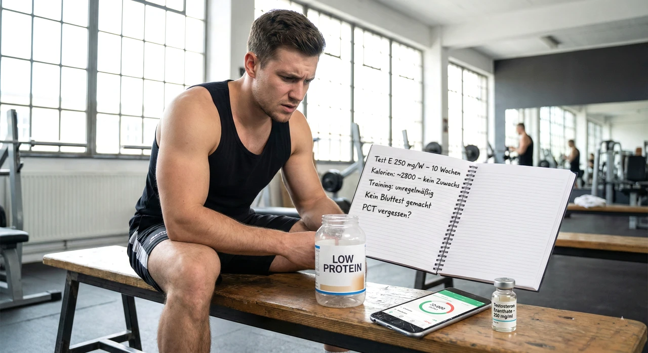 Ein männlicher Kraftsportler in einem Fitnessstudio schaut sich sein Zyklusprotokoll an, das eine niedrige Testosteron-Dosierung, unregelmäßiges Training, unzureichende Ernährung und das Fehlen von Blutwerten zeigt – dies veranschaulicht häufige Gründe, warum anabole Steroide möglicherweise nicht die erwarteten Ergebnisse liefern.