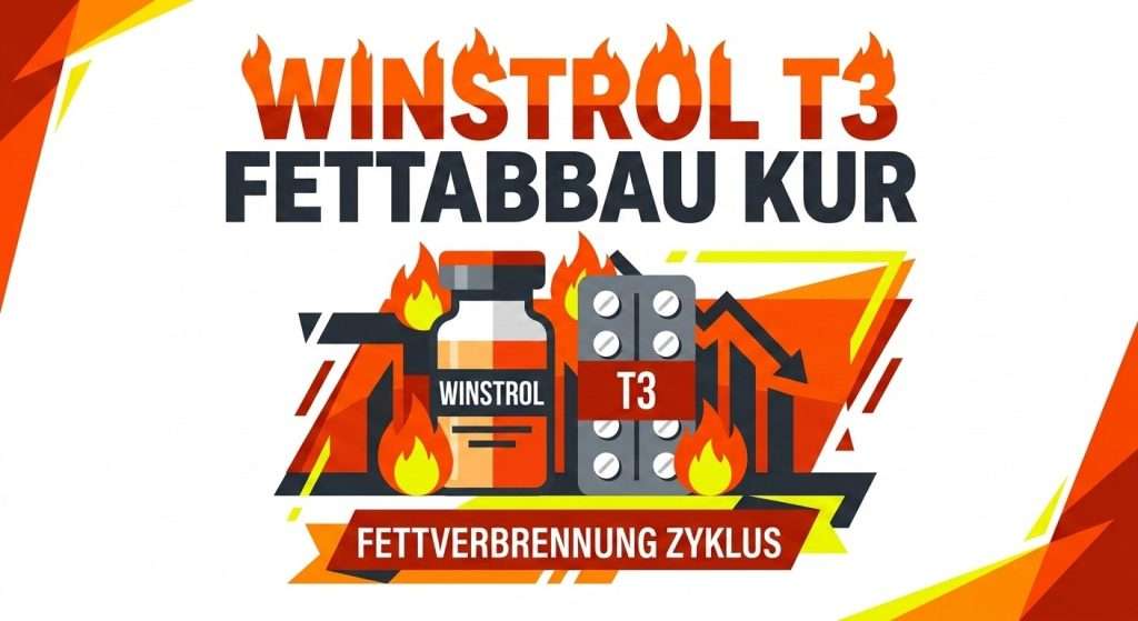 Flache Vektorgrafik der Winstrol T3 Fettabbau Kur mit Winstrol Fläschchen und T3 Blisterpackung