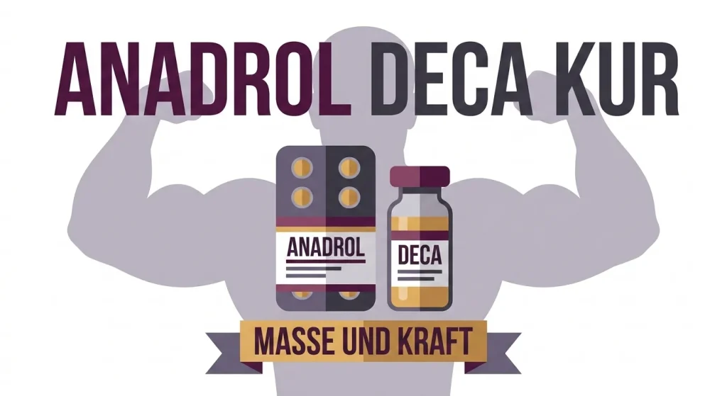 Flache Vektorgrafik der Anadrol Deca Durabolin Kur mit Anadrol Blisterpackung und Deca Fläschchen