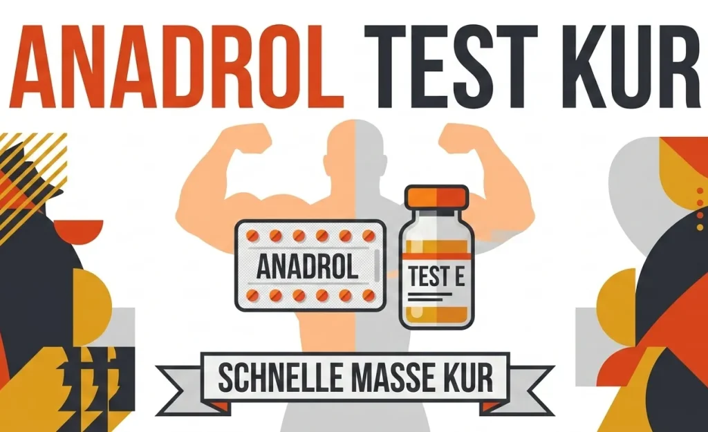 Flache Vektorgrafik der Anadrol Testosteron Kur mit Anadrol Blisterpackung und Test E Fläschchen
