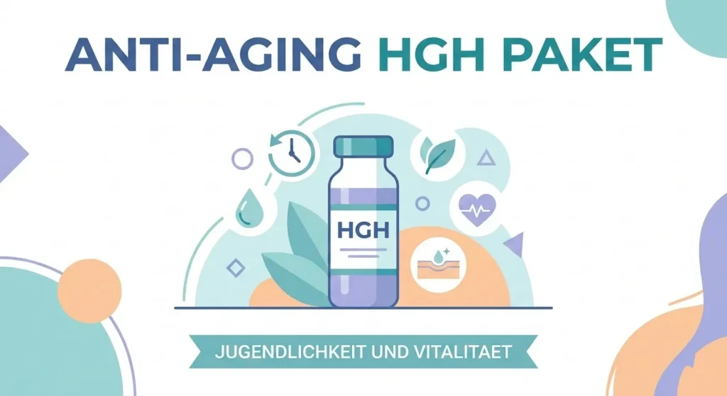 Flache Vektorgrafik des Anti-Aging HGH Pakets mit HGH Fläschchen und Anti-Aging-Vorteilssymbolen