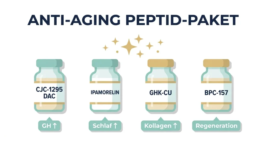 Anti-Aging Peptid-Paket 12 Wochen – CJC-1295 DAC, Ipamorelin, GHK-Cu und BPC-157 für GH-Optimierung, Haut und Regeneration