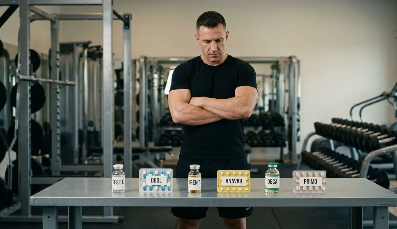 Muskulöser Bodybuilder steht vor verschiedenen Steroid-Fläschchen und Tabletten-Packs mit Aufschriften TEST E, DBOL, TREN A, ANAVAR und DECA beim Überblick der Arten von Anabolika im Gym