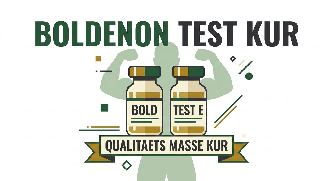 Zweite Kur: Testosteron + Boldenon Lean Bulk (12 Wochen) 1 Flache Vektorgrafik der Boldenon Testosteron Kur mit Boldenon und Test E Fläschchen