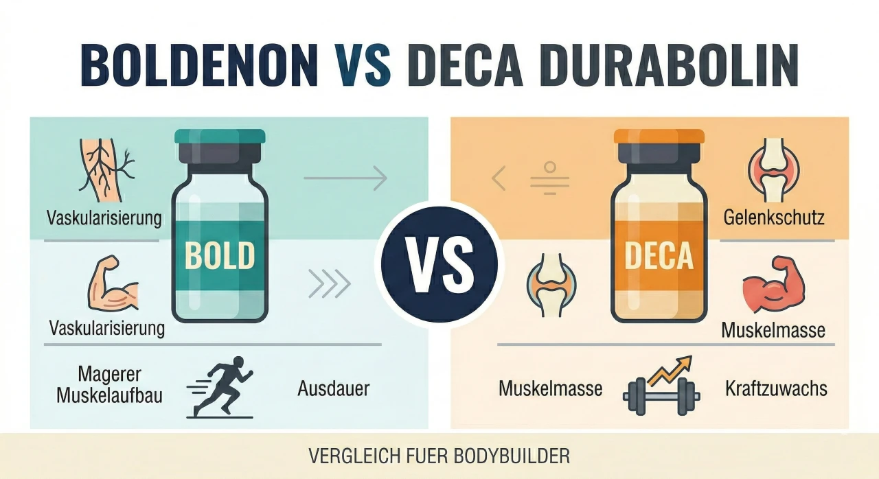 Flache Vektorgrafik des Vergleichs Boldenon vs Deca Durabolin mit beiden Fläschchen und Eigenschaftssymbolen