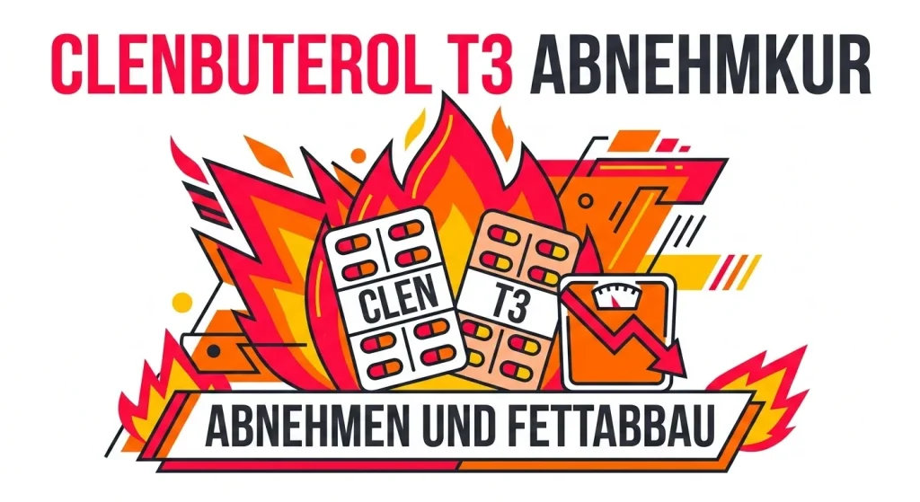 Flache Vektorgrafik der Clenbuterol T3 Abnehmkur mit Clen und T3 Blisterpackungen und Flammen-Akzenten