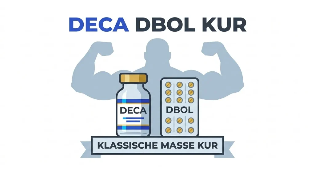 Deca Flache Vektorgrafik der Deca Durabolin Dianabol Kur mit Deca Fläschchen und Dbol Blisterpackung