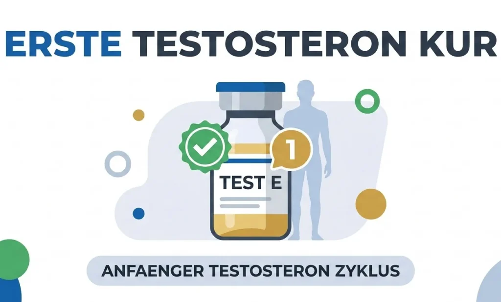 Flache Vektorgrafik der ersten Testosteron Kur für Anfänger mit Test E Fläschchen und Einsteiger-Häkchen