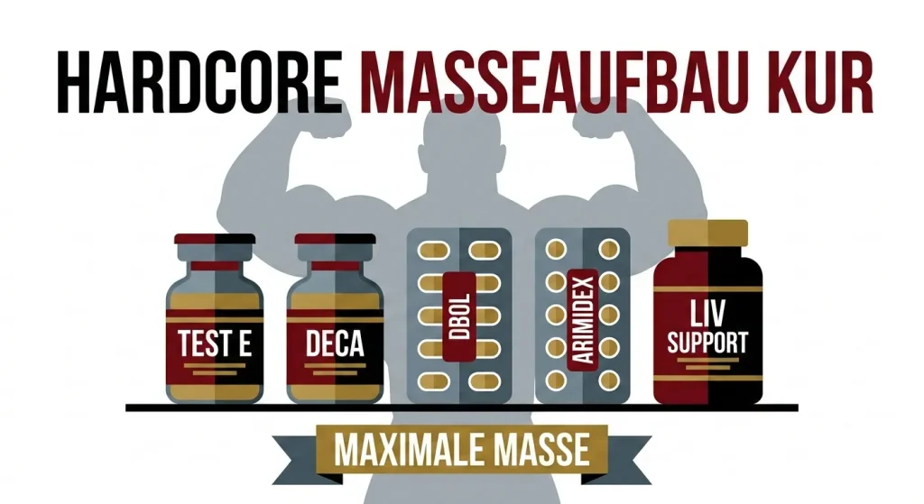 Flache Vektorgrafik der Hardcore Masseaufbau Kur mit Test E, Deca, Dbol, Arimidex und Leberschutz