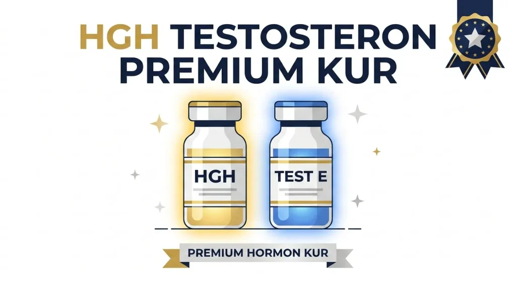 Flache Vektorgrafik der HGH Testosteron Premium Kur mit HGH und Test E Fläschchen im Premium-Stil